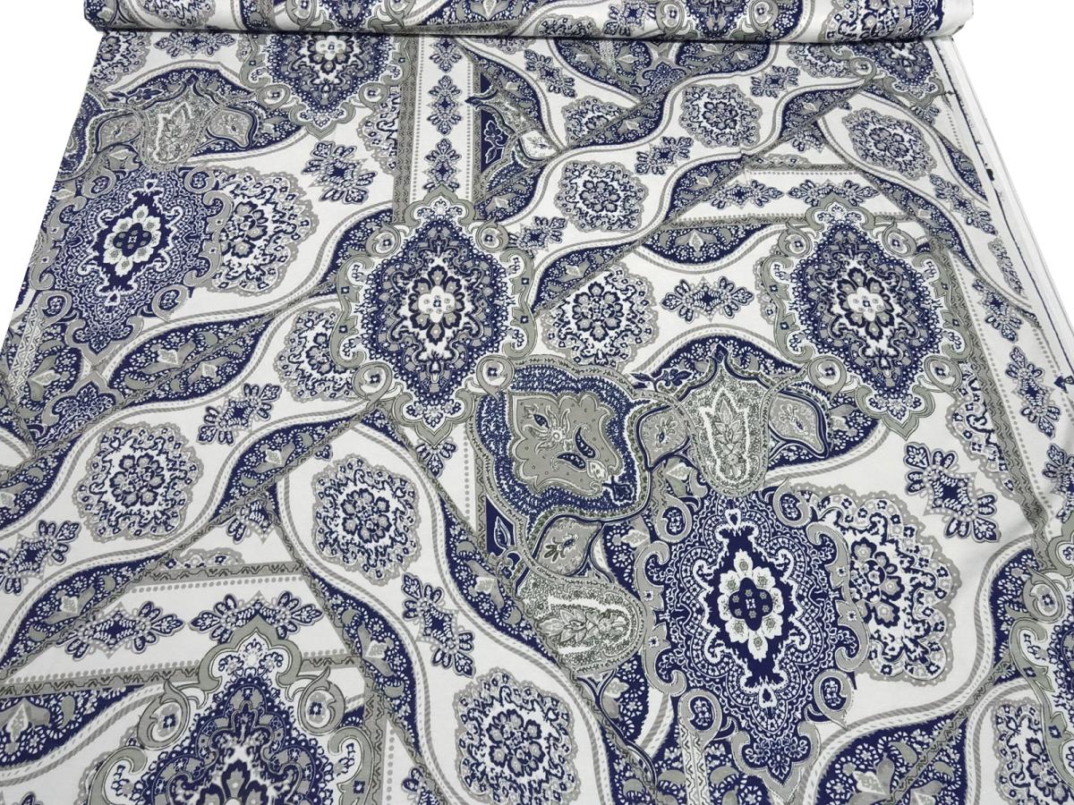 Fabric viscose jersey with flowers ornaments design white gray blue dress fabric