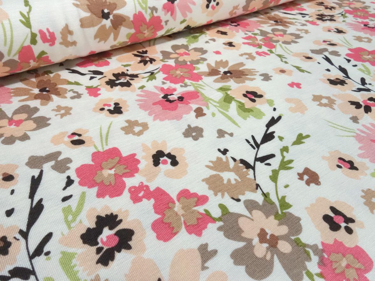 Fabric viscose jersey flowers design wool white green brown beige coral apricot dress fabric