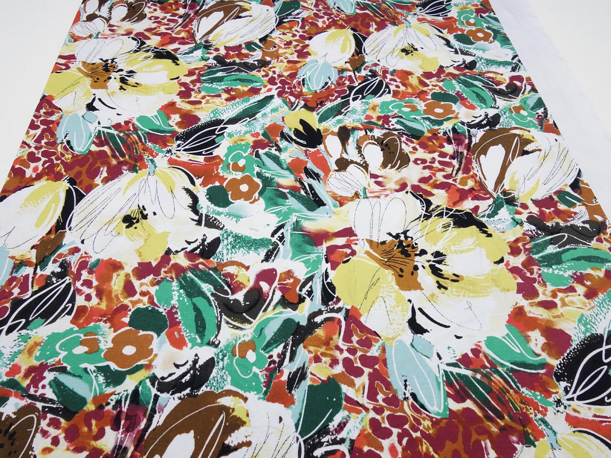 Fabric viscose jersey flowers abstract design ecrú green brown yellow red colorful dress fabric