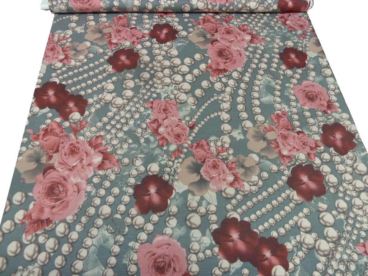 Fabric viscose jersey flowers roses beads design pink red brown taupe gray beige colorful dress fabric