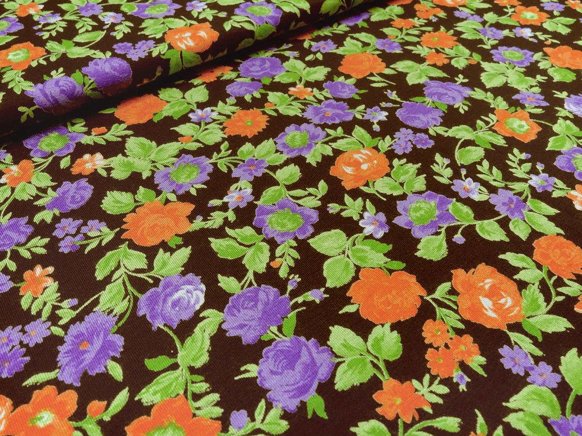 Stoff Viskose Jersey Blumen Rosen Design braun grün orange lila Kleiderstoff