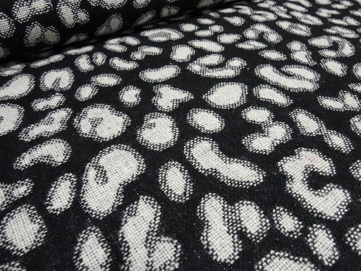 Stoff Jacquard Leoparden Design Doubleface schwarz ecrú Jackenstoff Kleiderstoff Kostümstoff Wollstoff