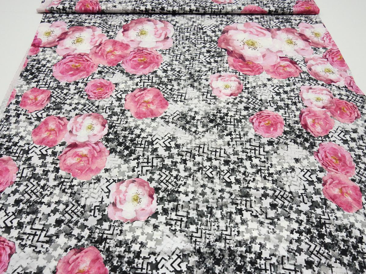 Fabric viscose jersey flowers roses abstract design pink gray white black yellow dress fabric