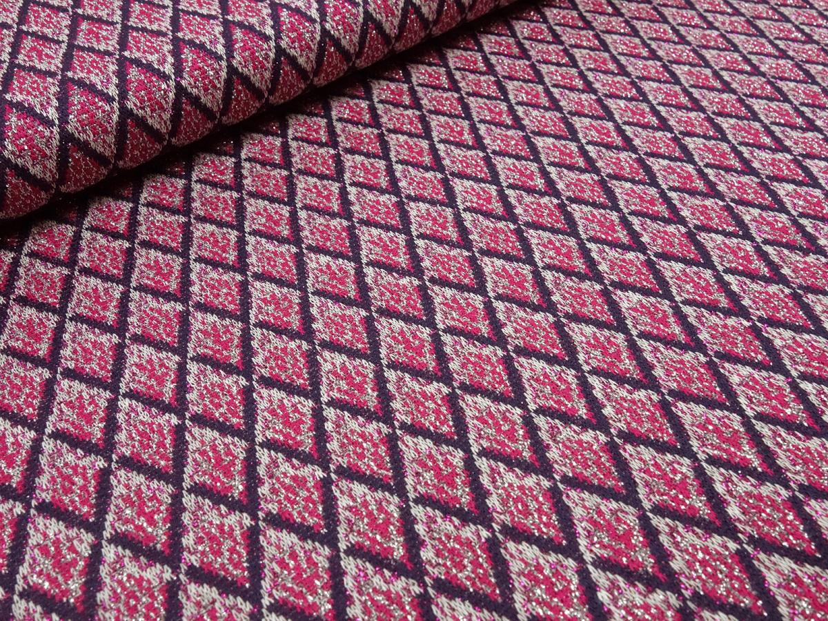 Fabric viscose lurex glitter jersey retro diamond design pink purple white silver dress fabric