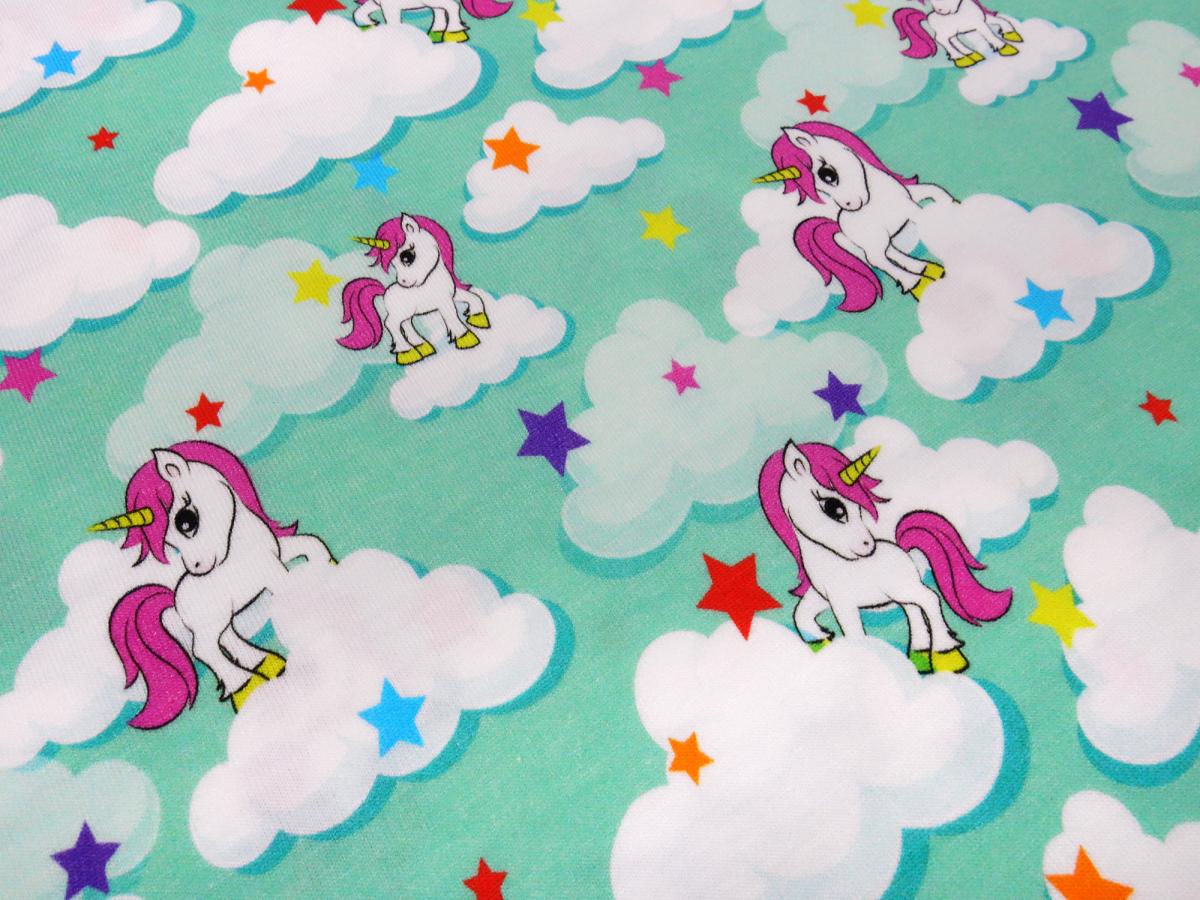 Fabric cotton jersey with unicorn stars clouds design mint green white colorful children's fabric dress fabric