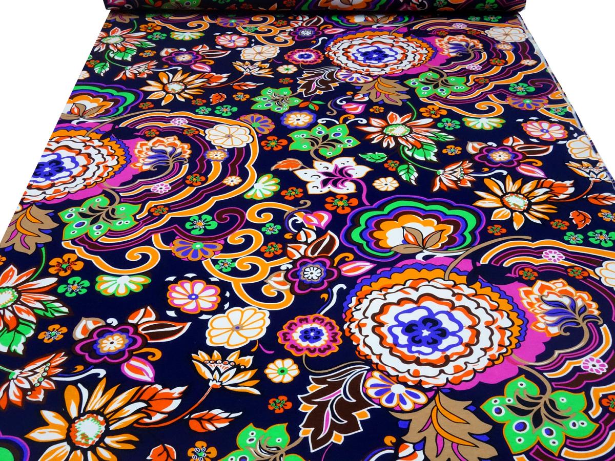 Fabric cotton jersey with floral pattern design navy blue orange green white colorful dress fabric