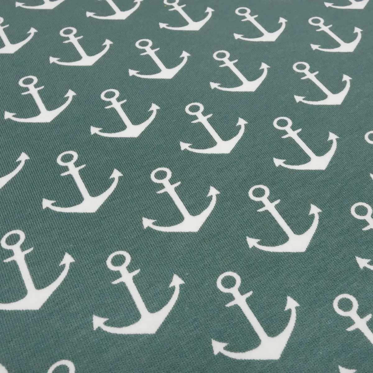 Stoff Baumwolle French Terry Sweatshirtstoff mit maritimen Anker Design grün altgrün weiß Kinderstoff Kleiderstoff