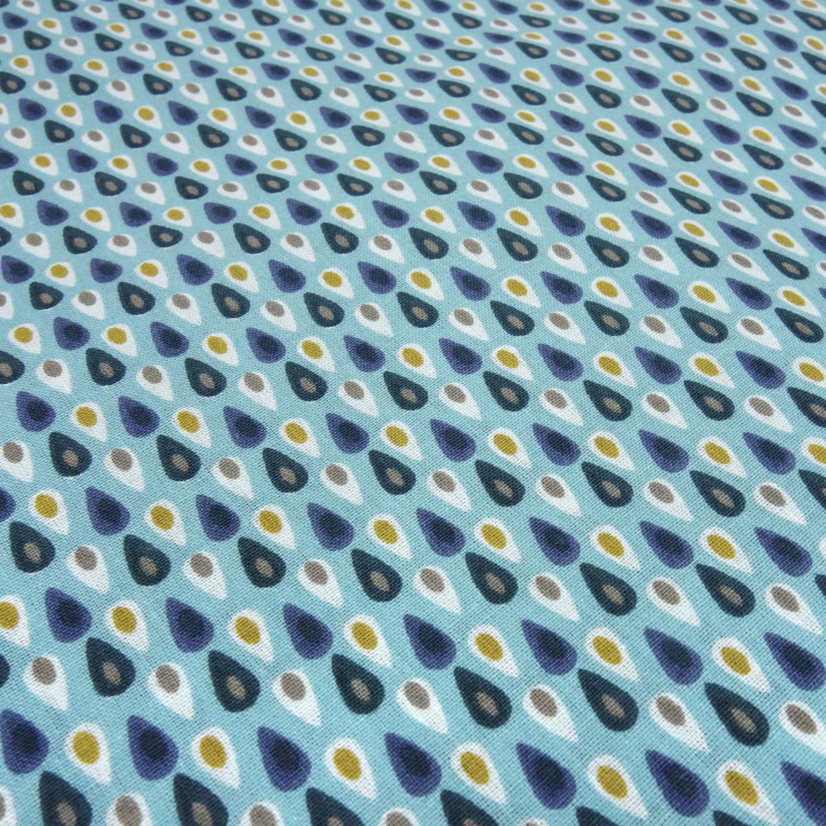 Fabric: 100% cotton poplin with a droplet pattern in turquoise blue white mustard and multicolor suitable for dresses children's clothing and decorative items