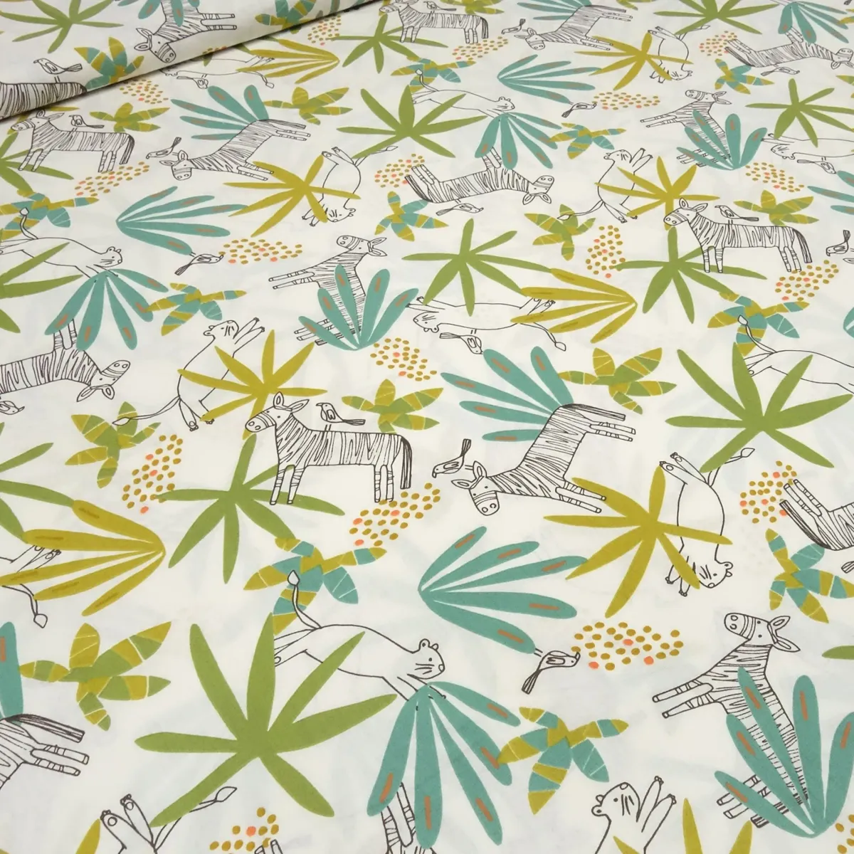 Fabric cotton poplin with animals zebra cat bird plamen leaves design light beige green ocher brown colorful blouse fabric dress fabric decoration fabric