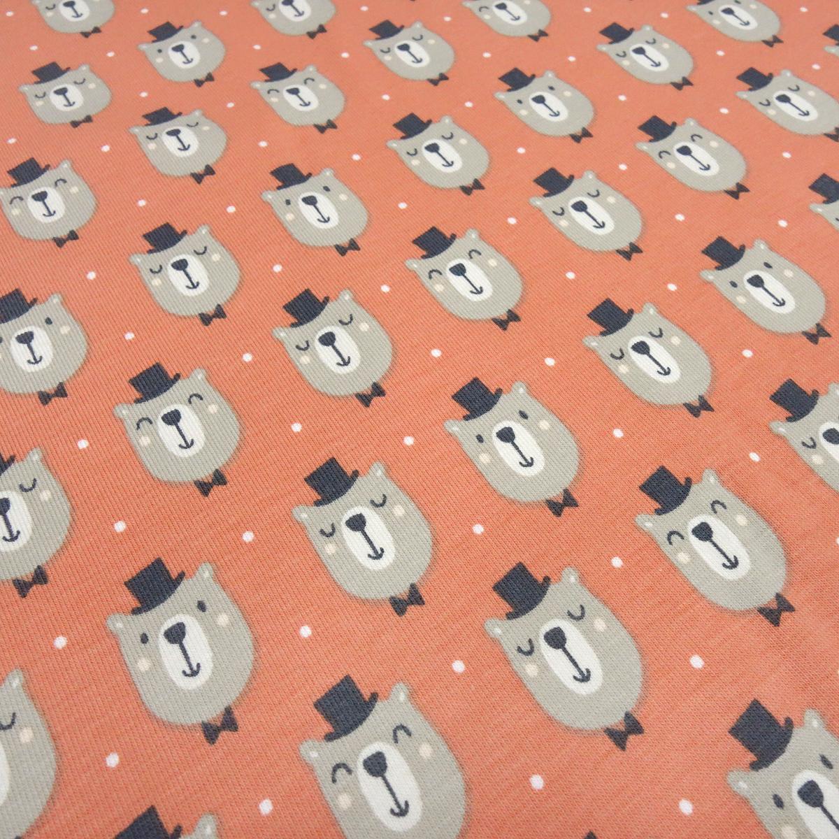 Fabric cotton jersey teddy bear bear head dots design orange beige black white children's fabric dress fabric