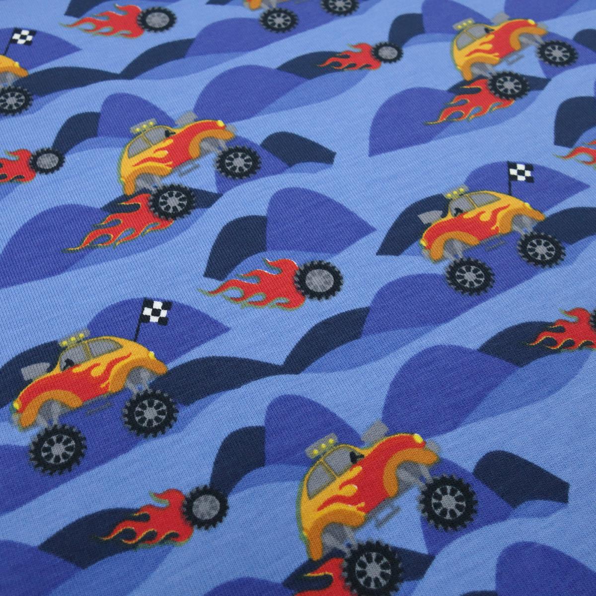 Fabric cotton jersey with monster trucks rally beetle car design jeans blue black red orange colorful children's fabric dress fabric
