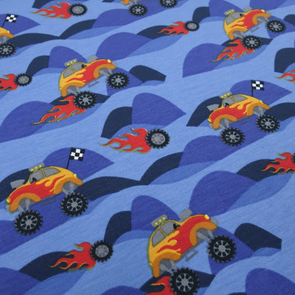 Stoff Baumwolle Jersey mit Monstertrucks Ralley Käfer Auto Design jeans blau schwarz rot orange bunt Kinderstoff Kleiderstoff