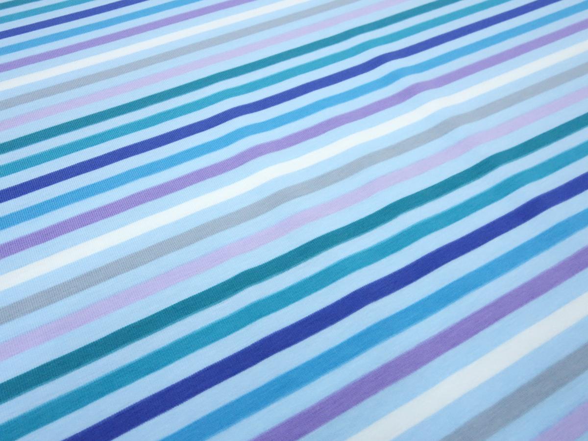 Fabric cotton jersey with 5 mm stripes design blue green gray lilac white colorful striped dress fabric children's fabric