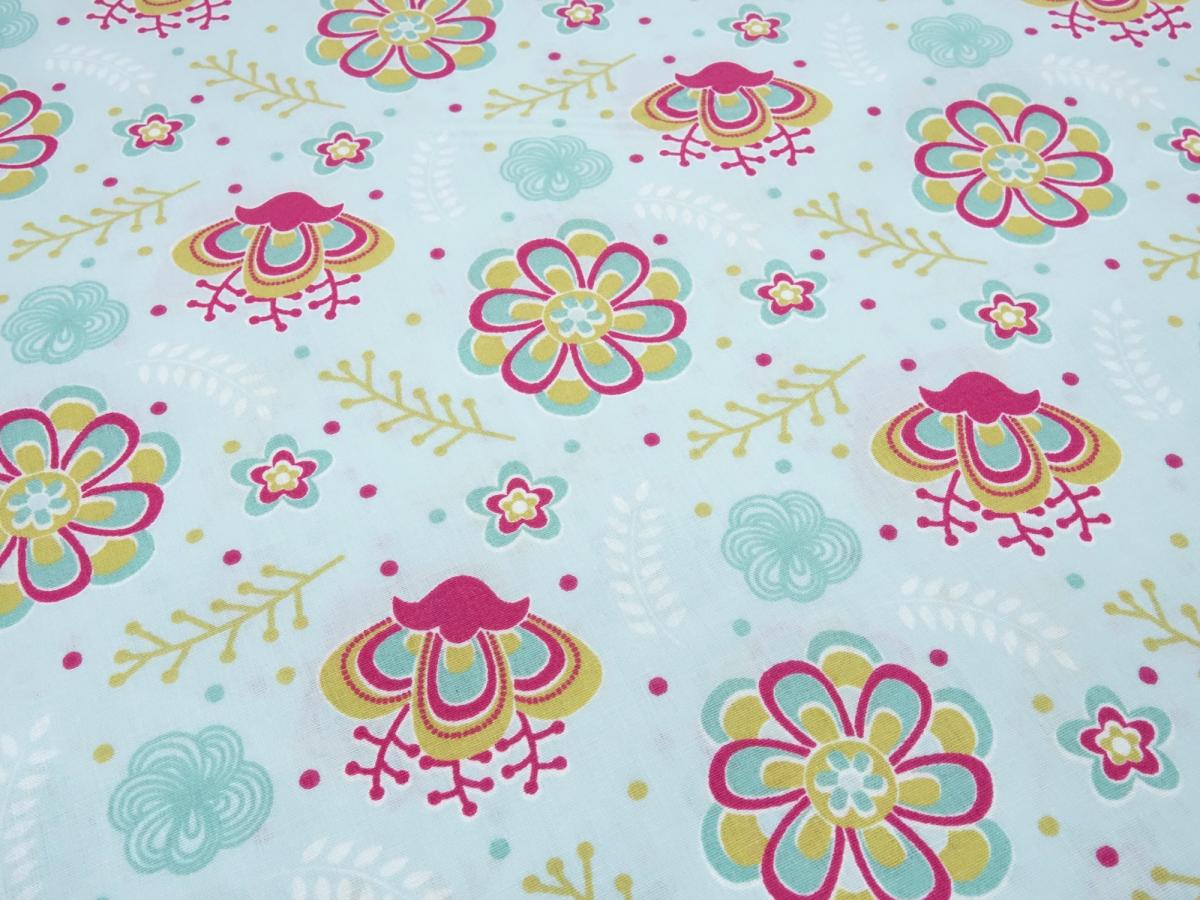 Stoff Baumwolle Popeline mit Blumen Blüten Design türkis mint pink curry weiß Blusenstoff Kleiderstoff Dekostoff