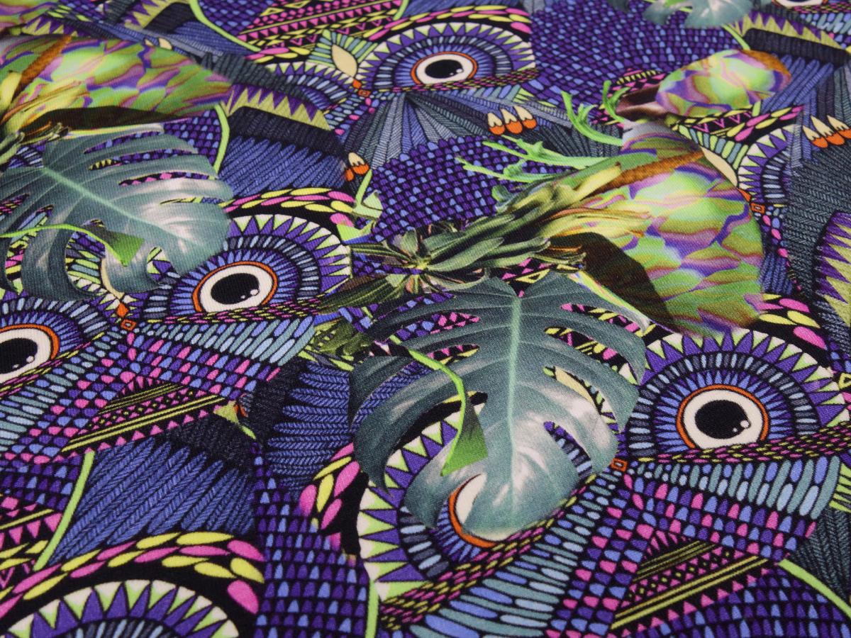 Fabric cotton jersey with plants leaves Inca Maya design in green purple yellow orange colorful dress fabric