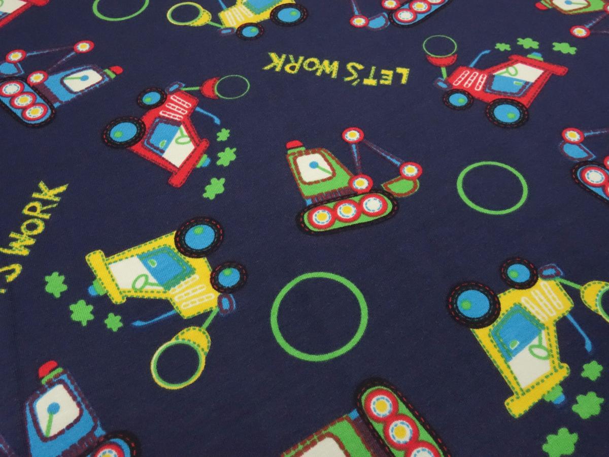 Fabric cotton jersey with excavator tractor tractor design blue red green yellow turquoise colorful children's fabric dress fabric