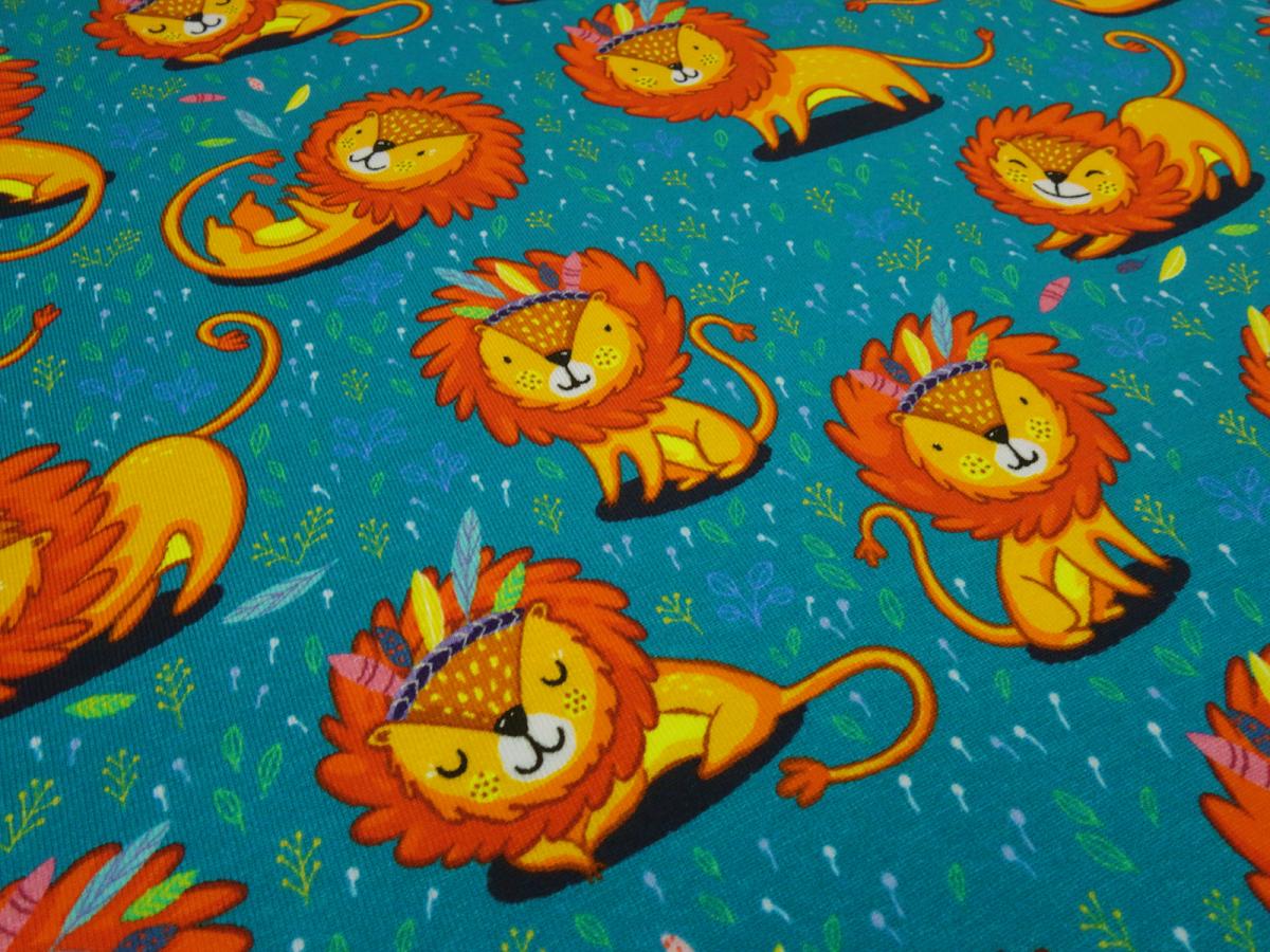 Fabric cotton jersey with lion design petrol orange colorful children's fabric dress fabric