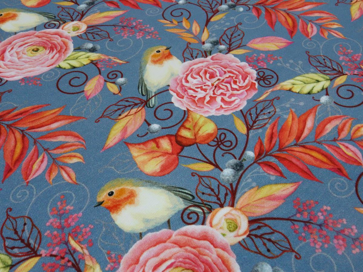 Fabric cotton jersey with flowers leaves birds design gray orange pink colorful children's fabric dress fabric