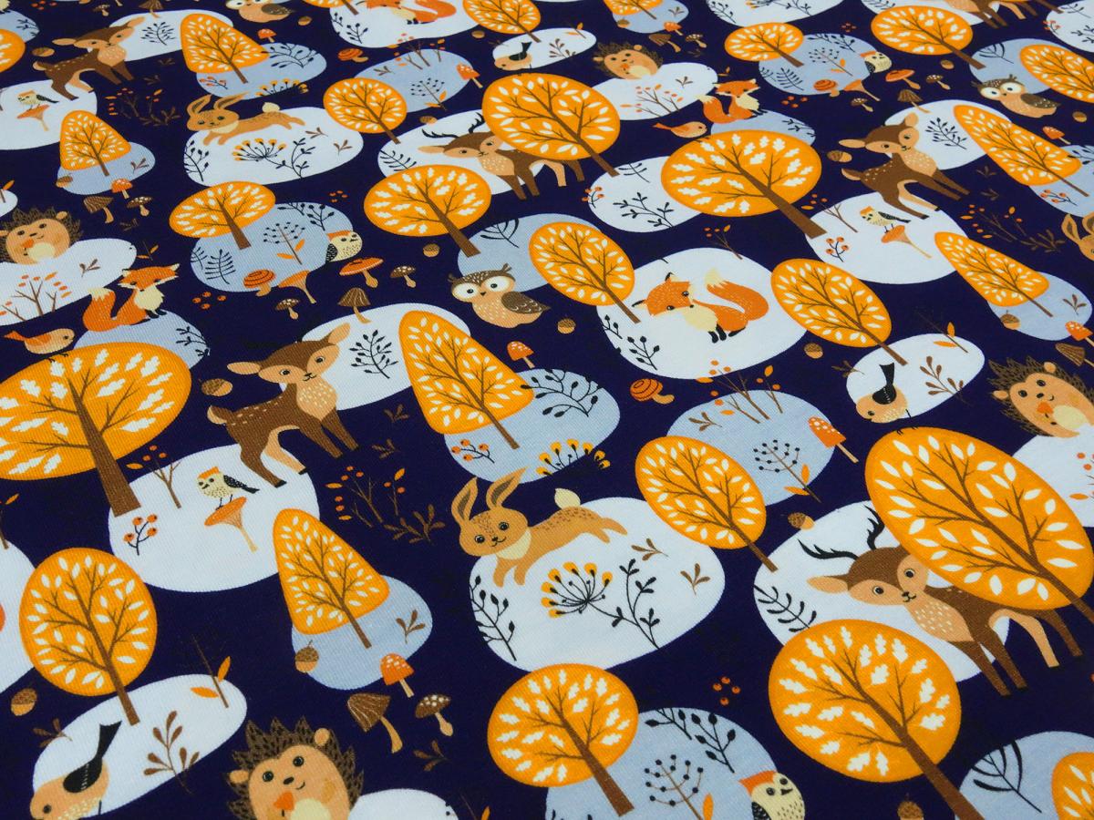 Fabric cotton jersey with forest animals deer foxes owls hares trees design navy blue brown orange beige gray children's fabric dress fabric