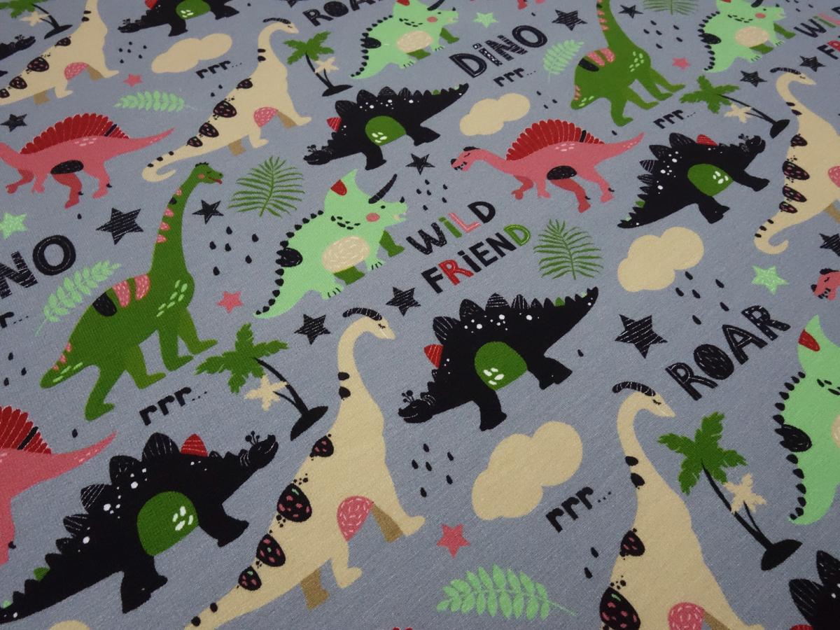 Stoff Baumwolle French Terry Sweatshirtstoff Dino Dinosaurier Design grau grün rot beige schwarz Kinderstoff Kleiderstoff