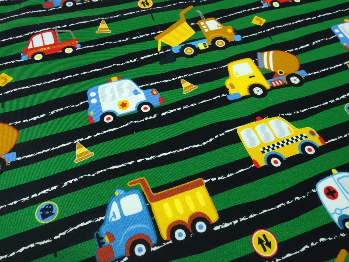 Fabric cotton jersey with car poilzeiauto trucks concrete mixer design green yellow blue colorful children's fabric dress fabric