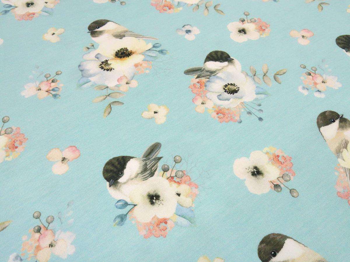 Fabric cotton jersey with birds sparrows flowers design light blue white pink brown sand children's fabric dress fabric