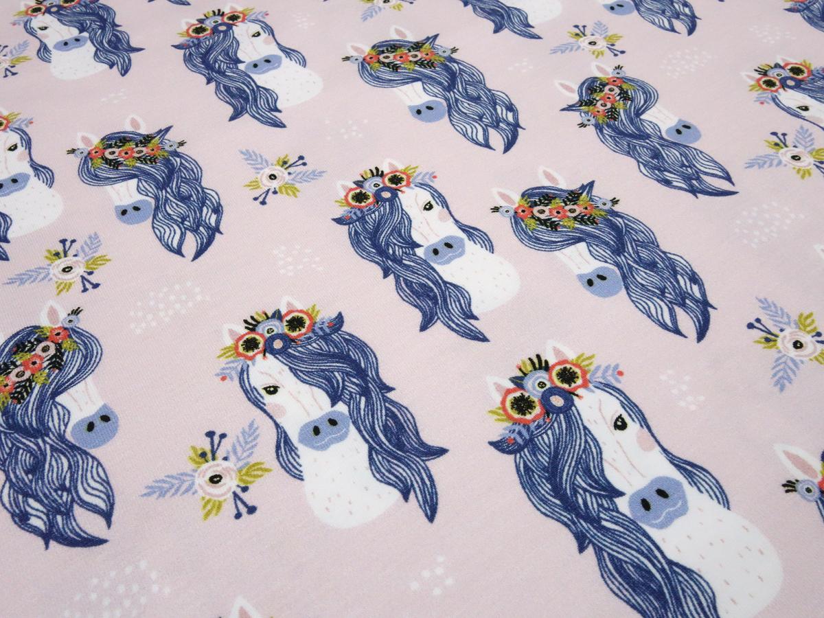 Fabric remnant 20 cm x 145 cm cotton jersey with horse pony horse head design pink blue colourful children's fabric dress fabric