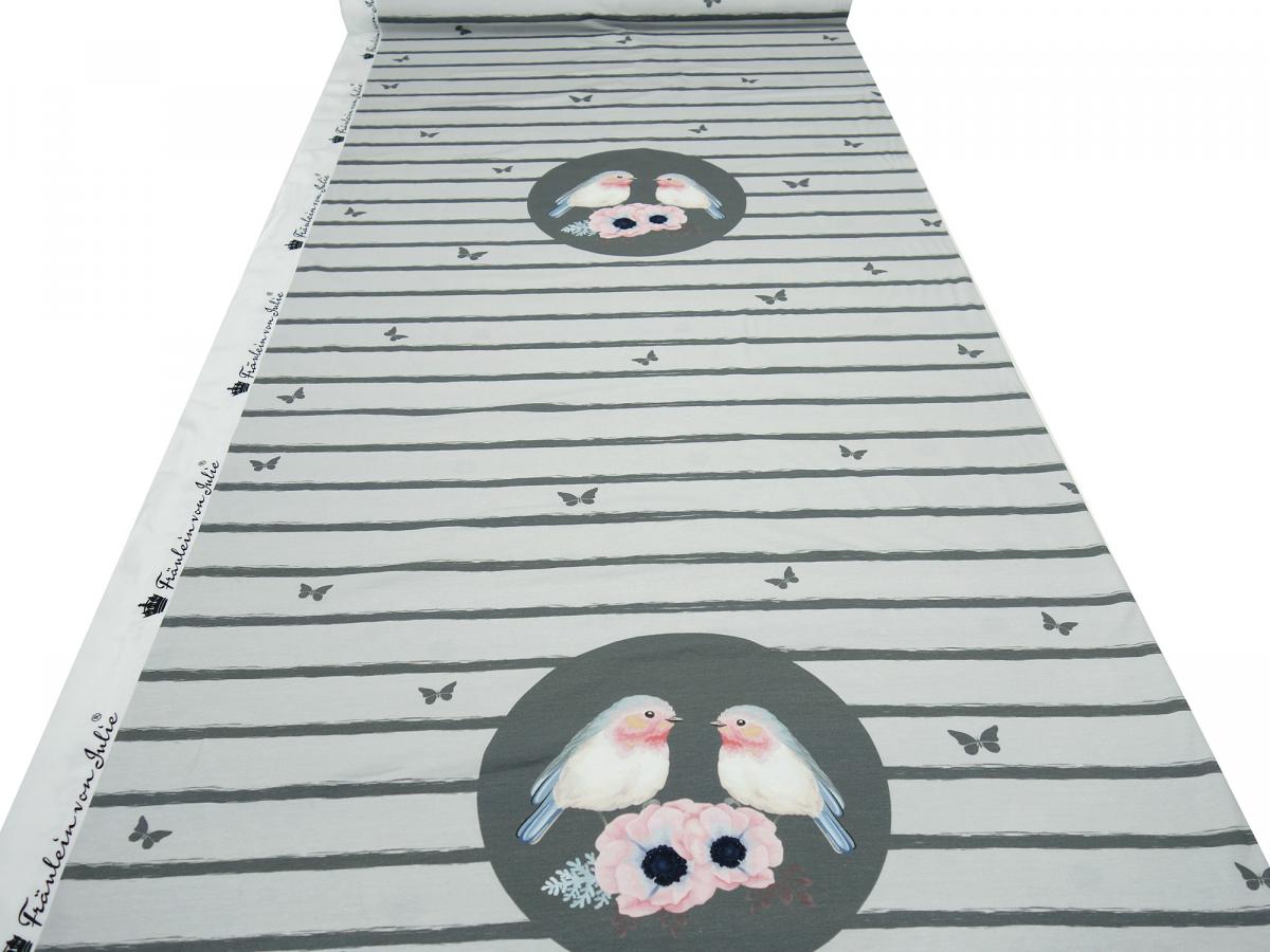 Stoff Baumwolle Jersey Panel Vögel Blumenmuster Design grau rosa blau weiß bunt Kinderstoff Kleiderstoff 0,75 m x 1,40 m