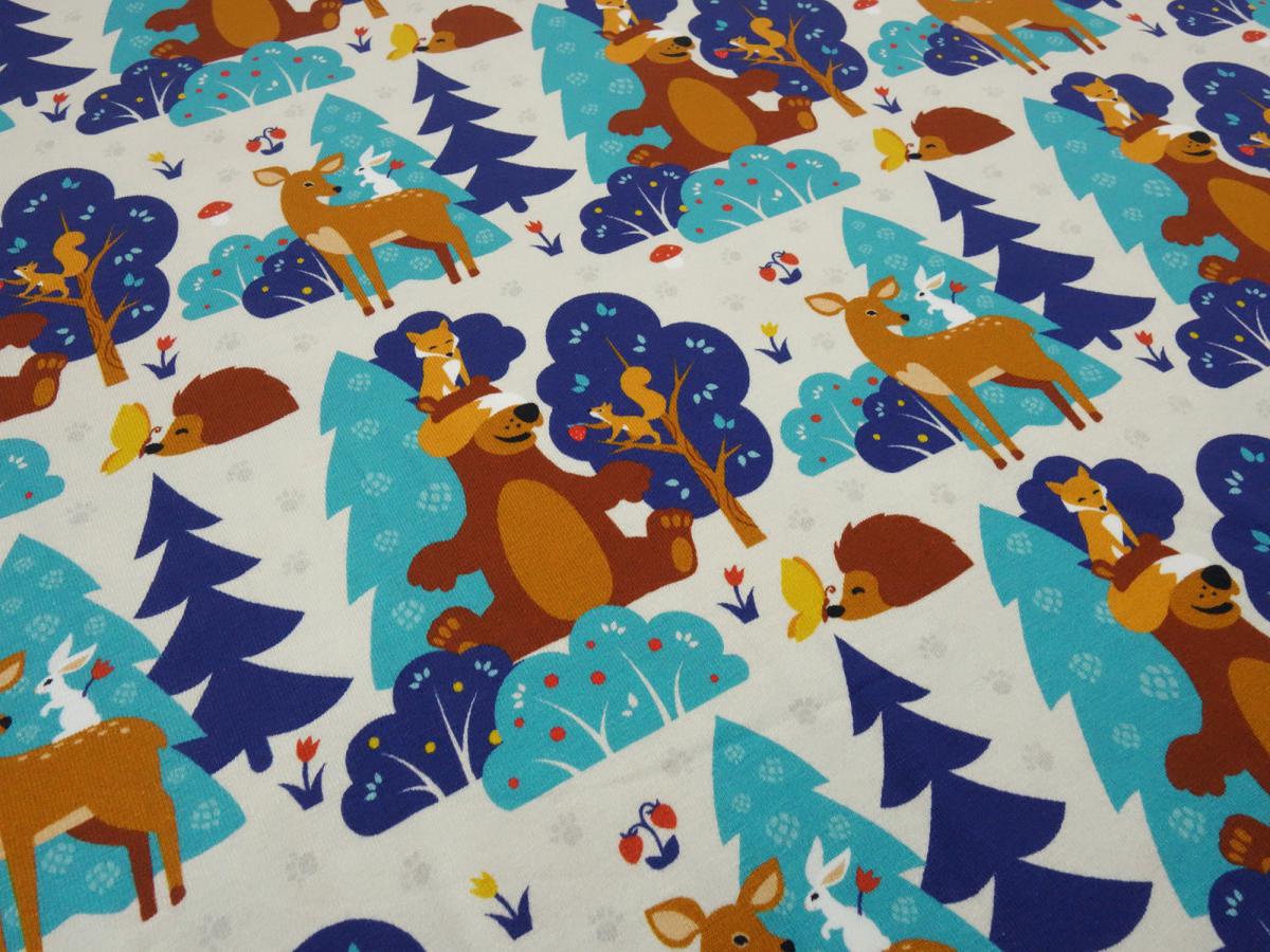 Fabric cotton jersey with forest animals deer bears foxes hedgehogs hares design beige blue turquoise brown colorful children's fabric dress fabric