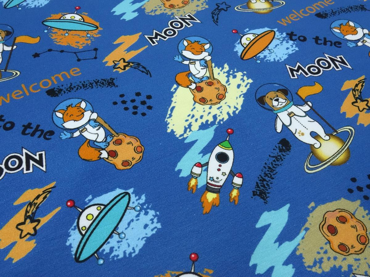 Stoff Baumwoll Jersey mit Space Teddy Bär Ufo Moon Design blau braun gelb bunt Kinderstoff Kleiderstoff