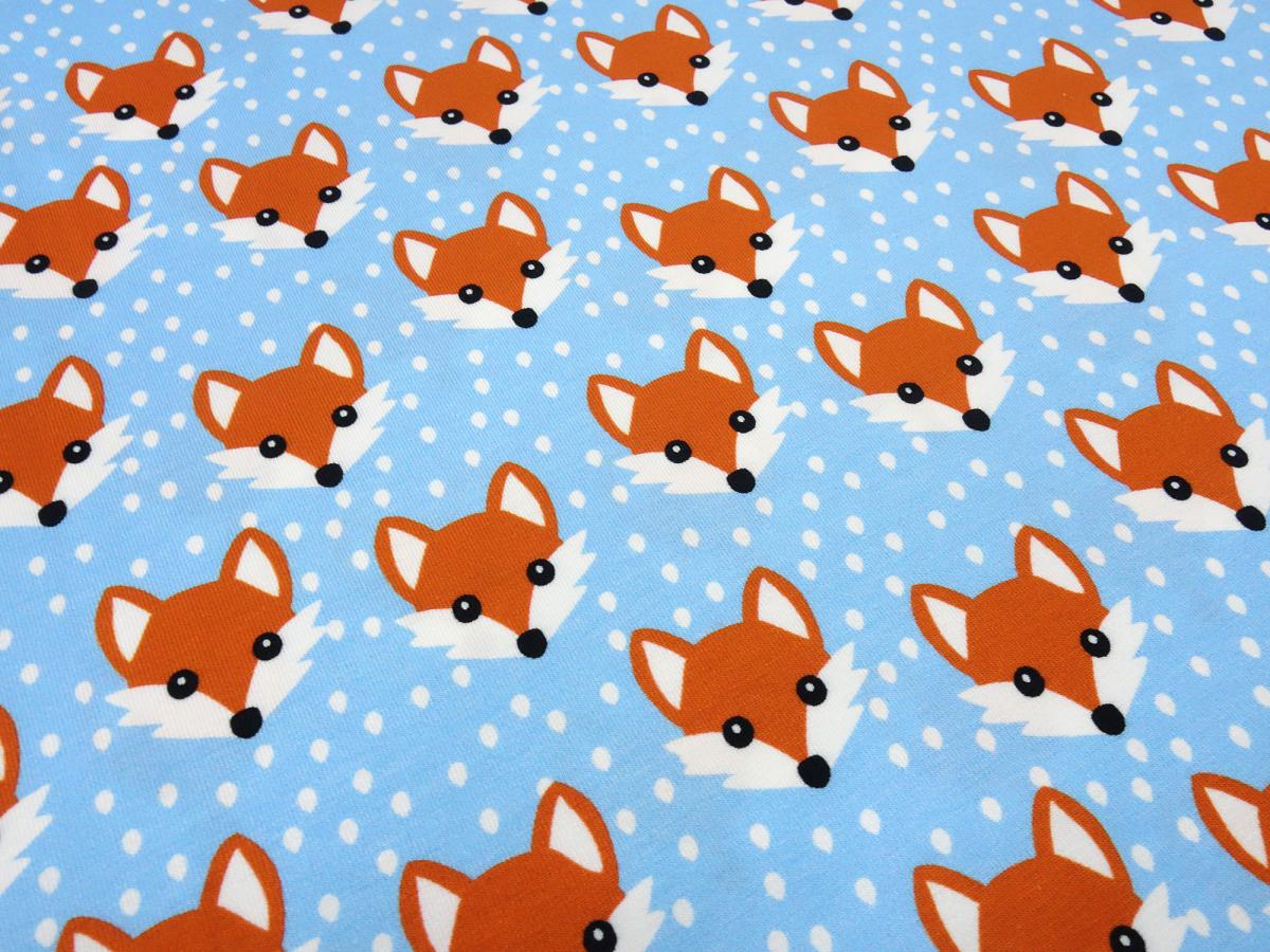 Fabric cotton jersey with foxes fox head design blue white orange children's fabric dress fabric