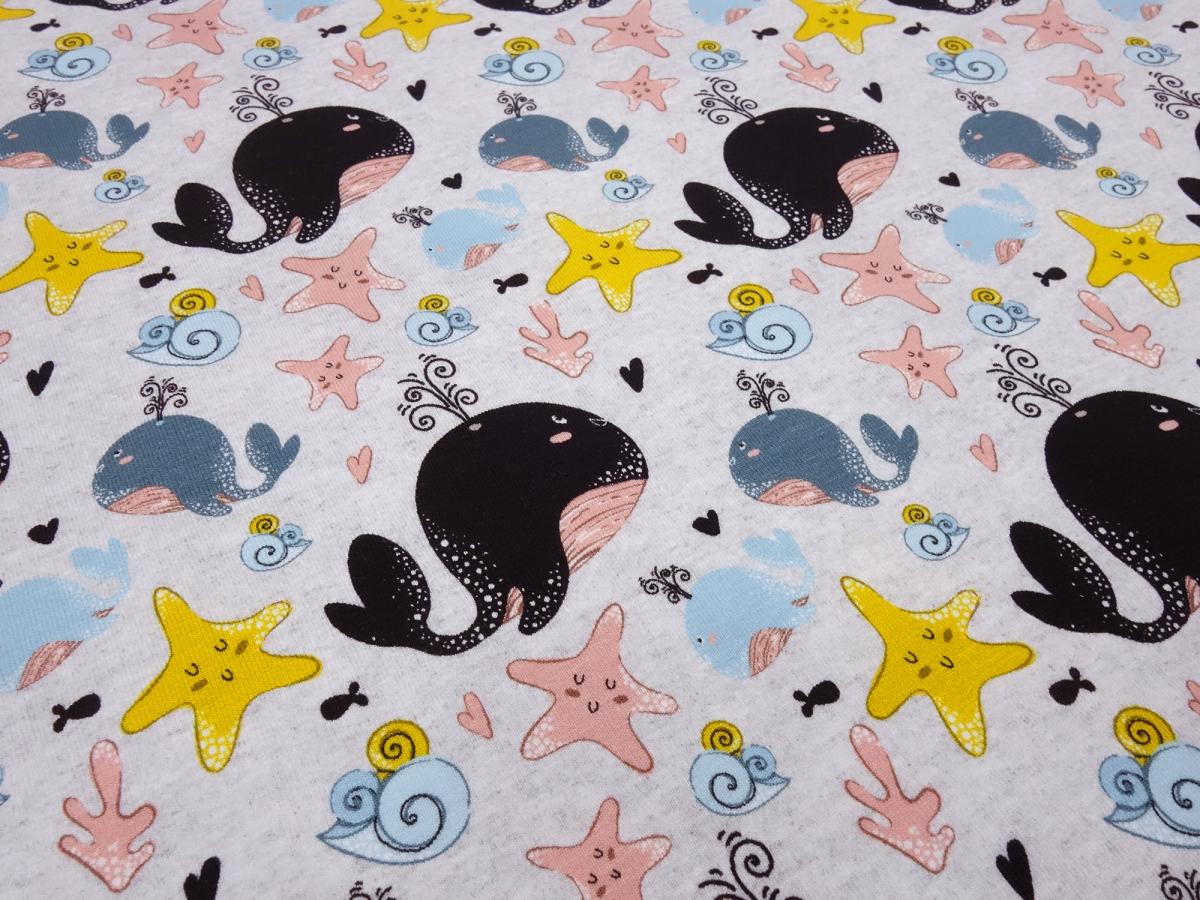 Fabric cotton jersey with whales starfish design light gray blue yellow pink black children's fabric dress fabric