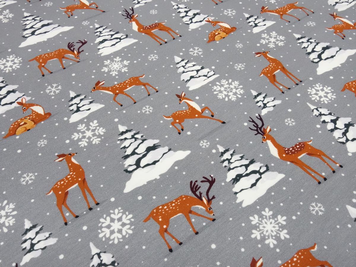 Stoff Baumwolle Jersey mit Hirsche Rehe Eiskristalle Schneeflocken Design grau braun weiß bunt Kinderstoff Kleiderstoff