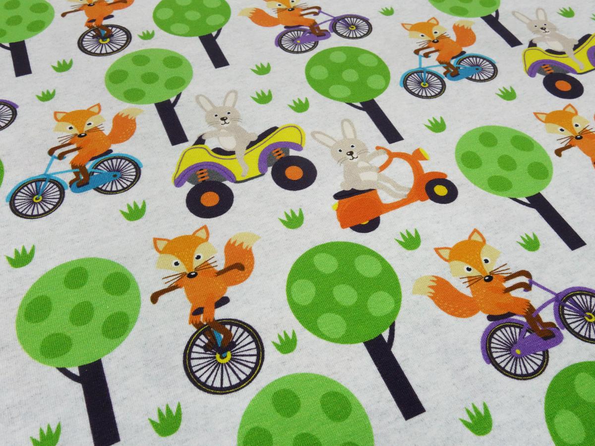 Stoff Baumwolle Jersey mit Füchse Hasen Design grau melange orange grün bunt Kleiderstoff Kinderstoff