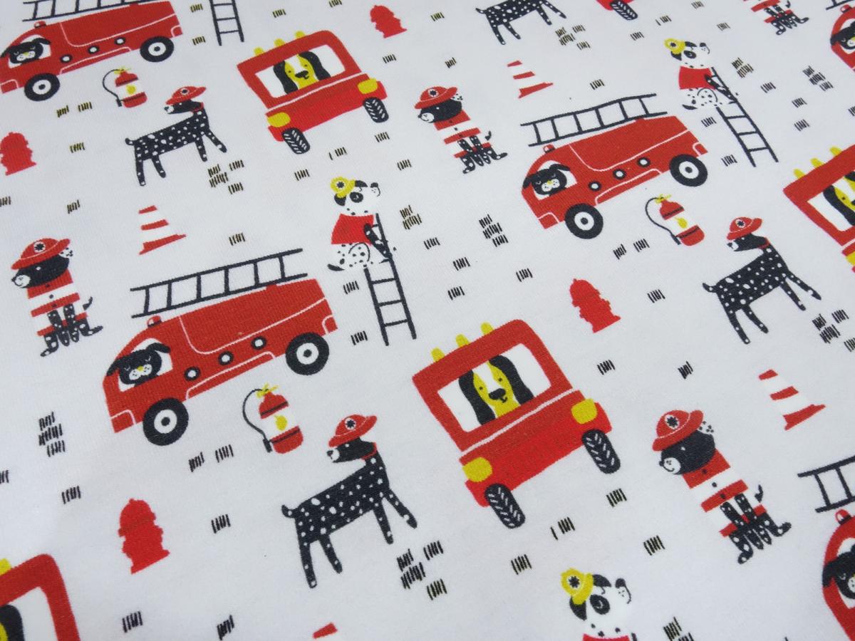 Stoff Baumwolle Jersey mit Feuerwehr Hunde Dalmatiner Design hellgrau rot gelb schwarz bunt Kinderstoff Kleiderstoff