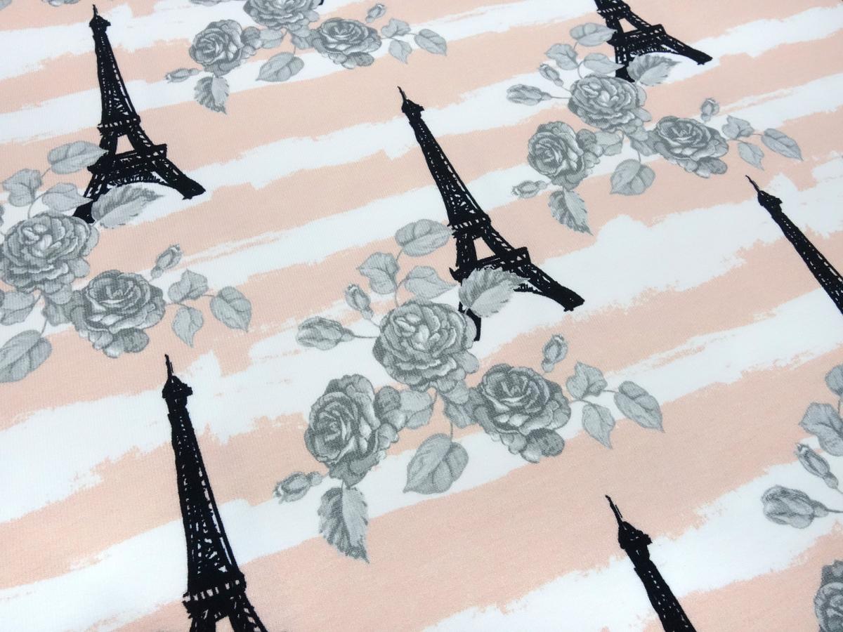 Stoff Baumwolle French Terry Sweatshirtstoff Eiffelturm Rosen Streifen Design lachs weiß grau schwarz Kleiderstoff Kinderstoff
