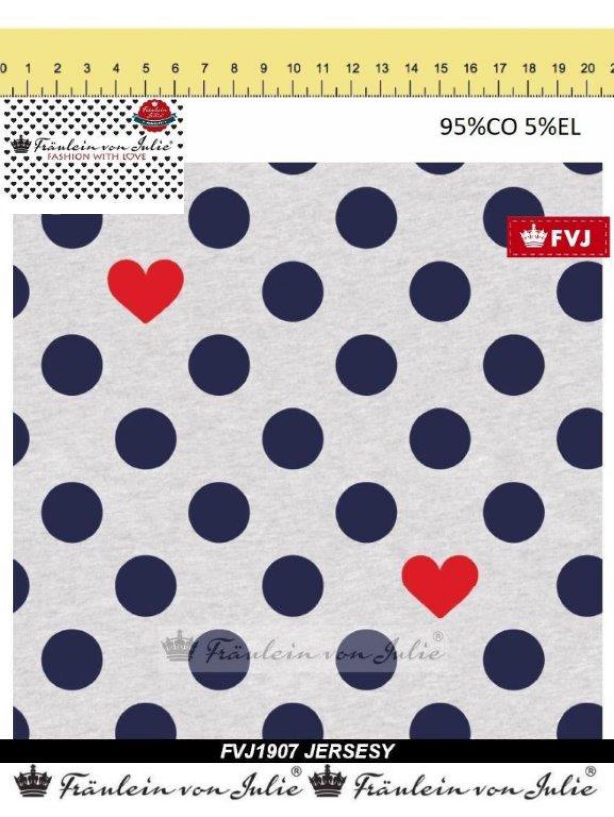 Fabric cotton jersey with dots dots hearts design light gray blue red dress fabric children's fabric