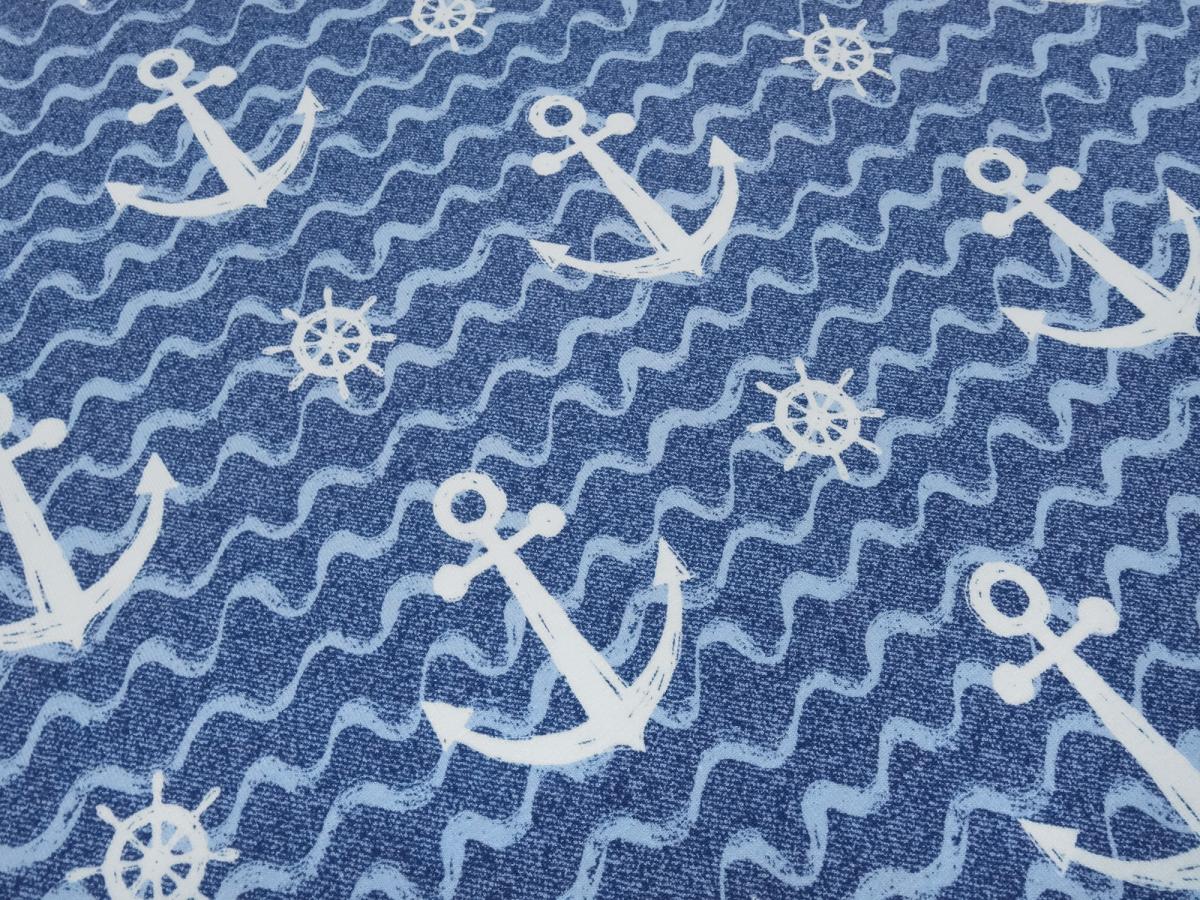 Stoff Baumwolle French Terry Sweatshirtstoff maritim Anker Wellen Design blau weiß Kleiderstoff Kinderstoff