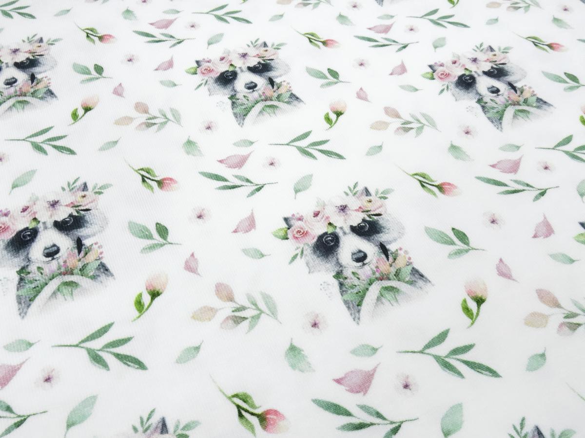 Fabric cotton jersey raccoon Racoon flowers design pink green gray colorful children's fabric dress fabric