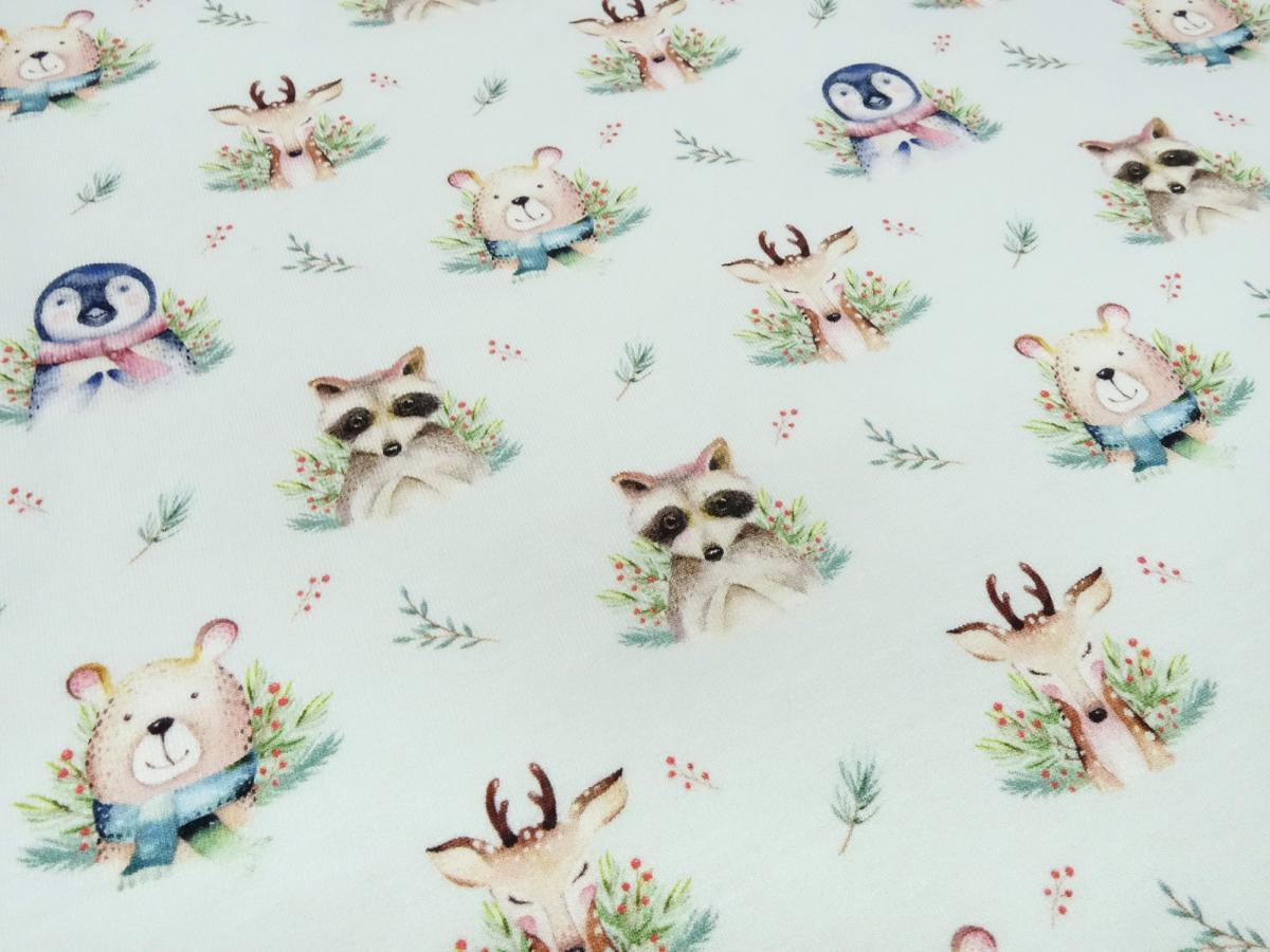 Stoff Baumwolle French Terry Sweatshirtstoff Waldtiere Hirsche Bären Pinguine Racoon Design mint grün braun bunt Kinderstoff Kleiderstoff