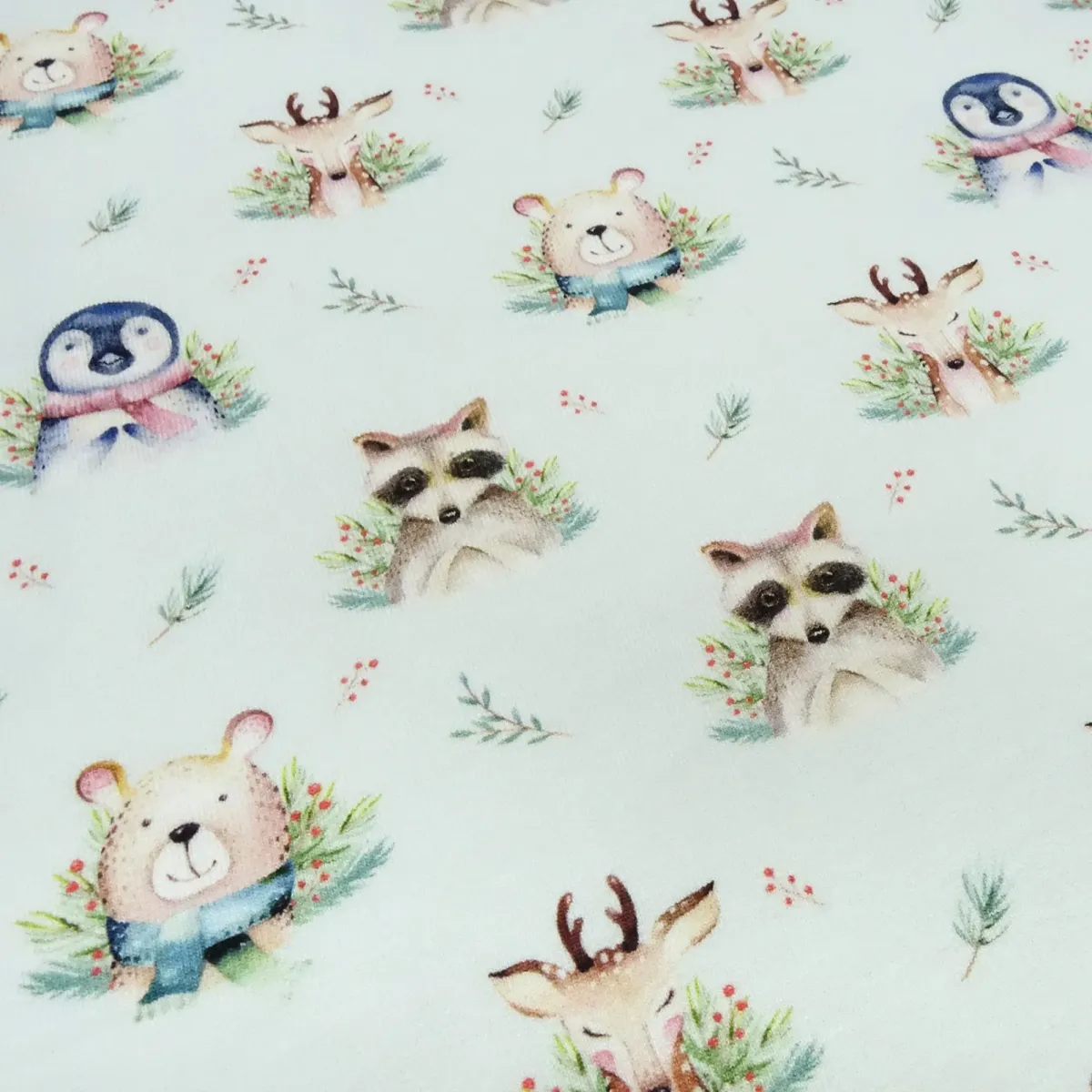Fabric cotton French Terry sweatshirt fabric forest animals deer bears penguins Racoon design mint green brown colorful children's fabric dress fabric