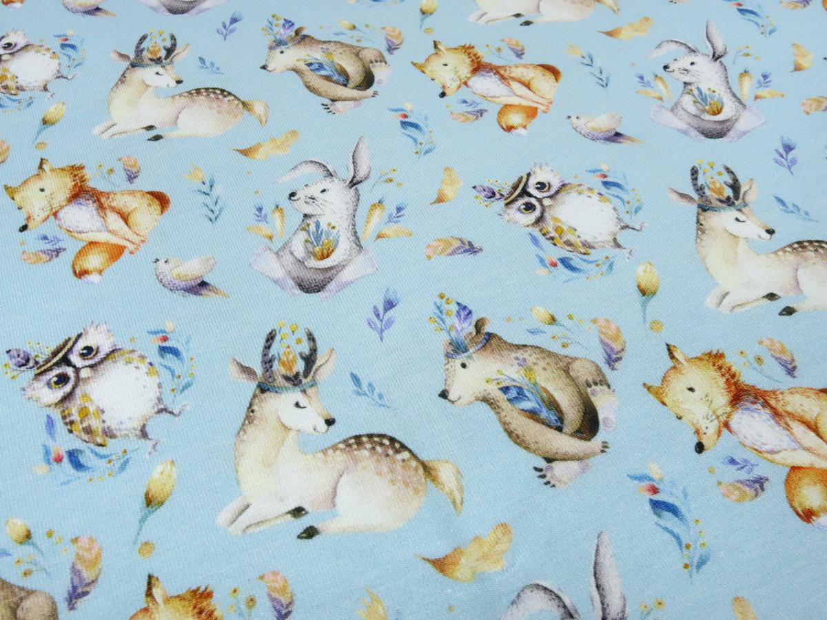 Stoff Baumwolle Jersey Waldtiere Hirsche Eulen Füchse Hasen Vögel Design blau braun bunt Kinderstoff Kleiderstoff