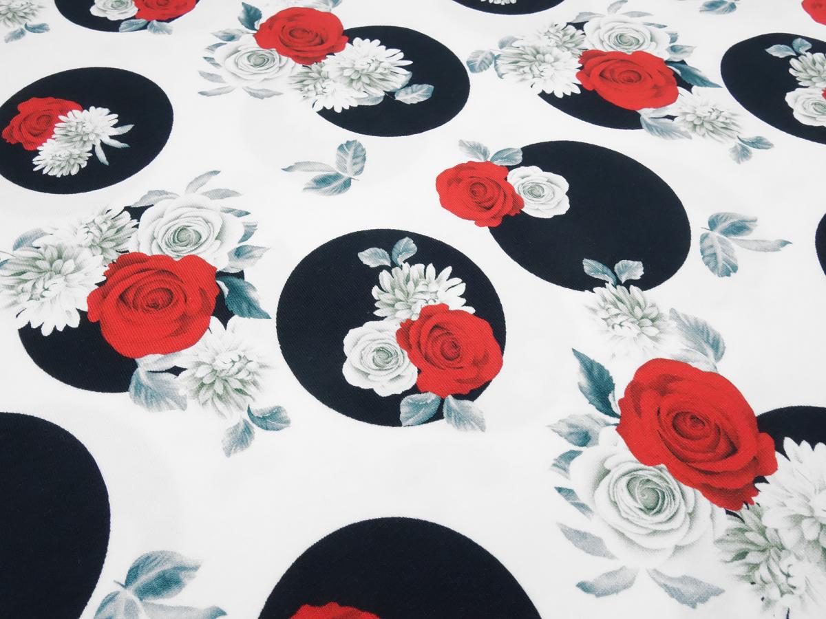 Fabric cotton jersey flowers roses dots design white red black gray dress fabric children's fabric