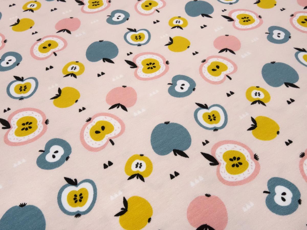 Fabric cotton jersey apple apples fruit design pink mustard gray white dress fabric children's fabric
