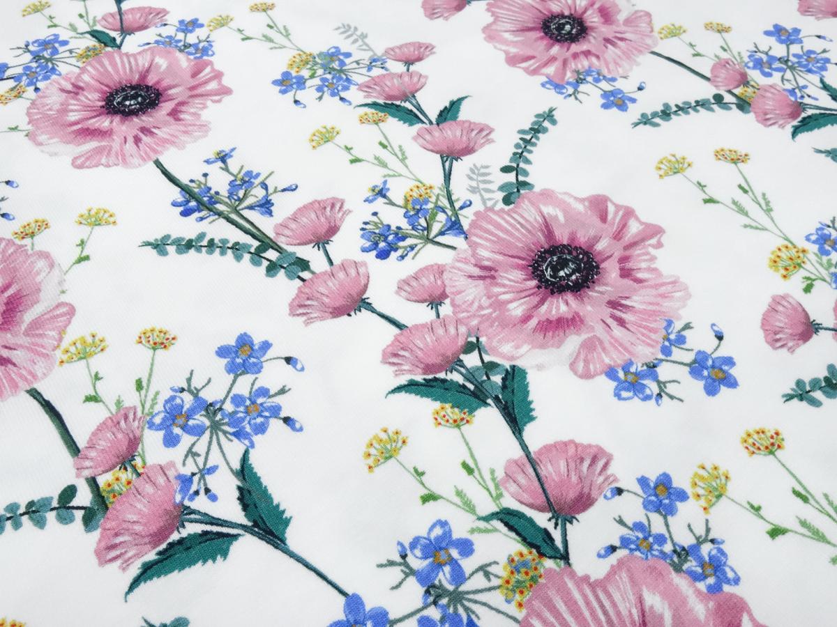 Fabric cotton jersey flowers flower meadow design white pink green yellow blue colorful