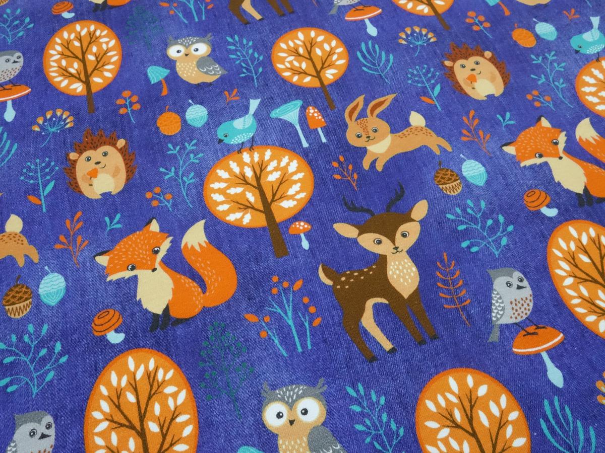 Stoff Baumwolle French Terry Sweatshirtstoff Füchse Hasen Rehe Waldtiere Design jeans blau orange braun bunt Kinderstoff Kleiderstoff