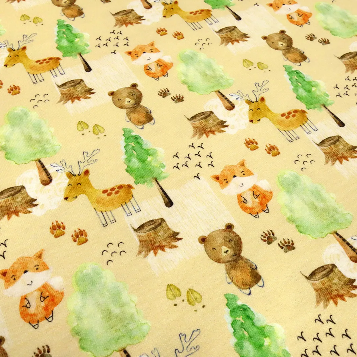 Stoff Baumwolle Jersey Waldtiere Bären Hirsche Füchse Design beige braun orange bunt Kinderstoff Kleiderstoff
