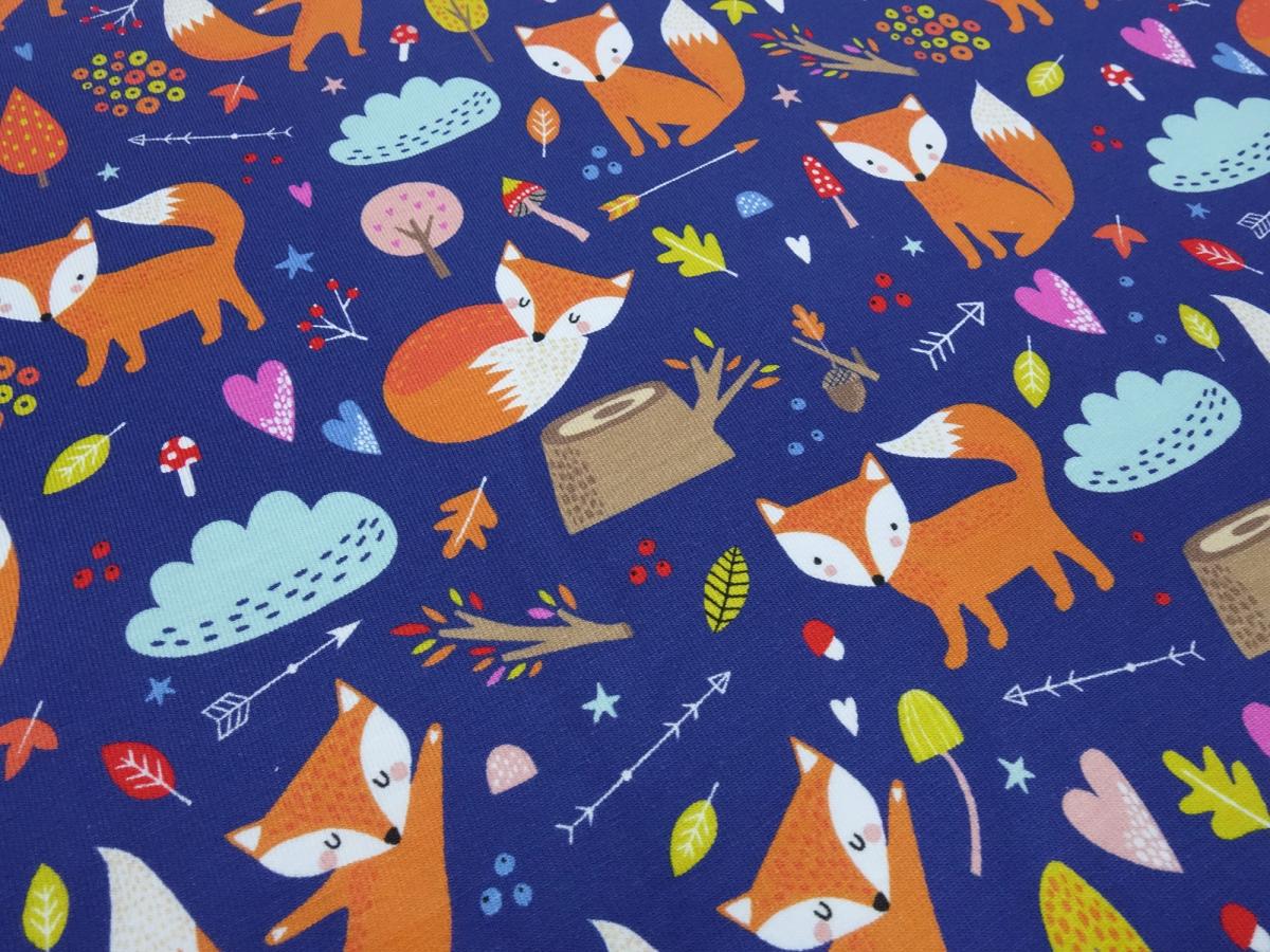 Fabric cotton jersey foxes mushrooms design blue orange white colorful children's fabric dress fabric