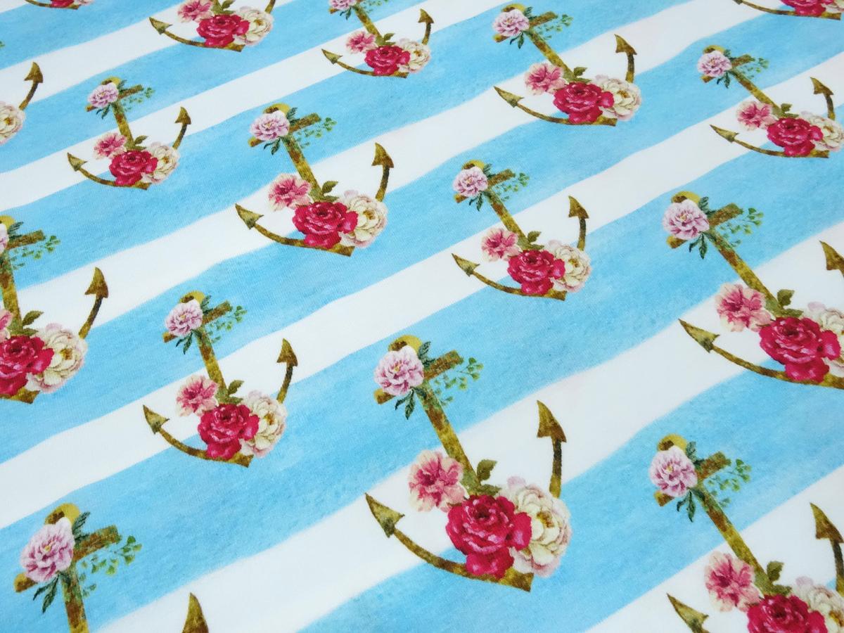 Fabric cotton jersey anchor roses stripe design white turquoise blue red colorful children's fabric dress fabric