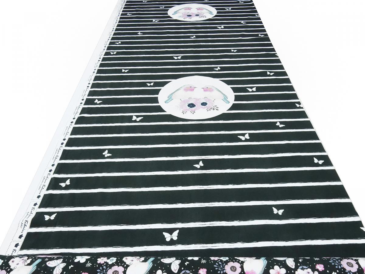 Stoff Baumwolle Jersey Panel Vögel Blumenmuster schwarz rosa weiß mint bunt Kinderstoff Kleiderstoff